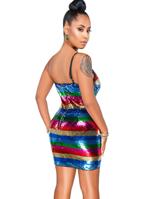 Rainbow Stripe Sequin Deep V Mini Dress