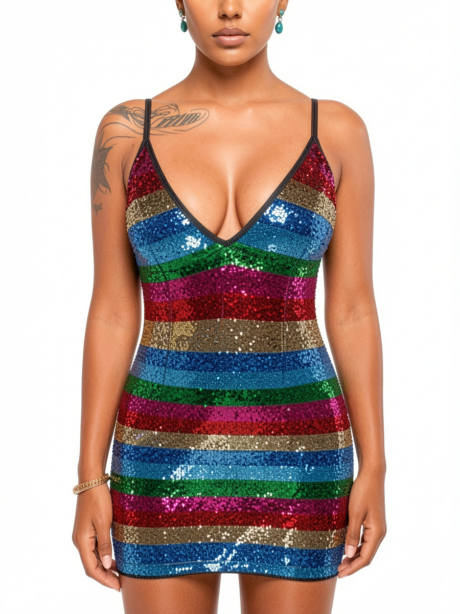 Rainbow Stripe Sequin Deep V Mini Dress