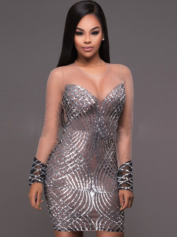 Sheer Mesh Long Sleeve Sequin Mini Dress
