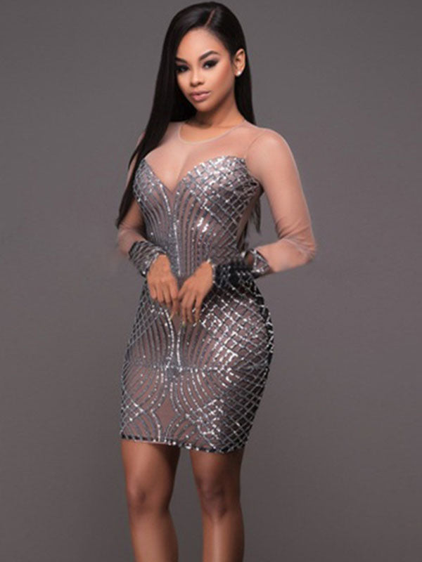 Sheer Mesh Long Sleeve Sequin Mini Dress