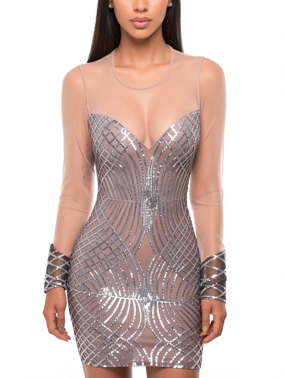 Sheer Mesh Long Sleeve Sequin Mini Dress