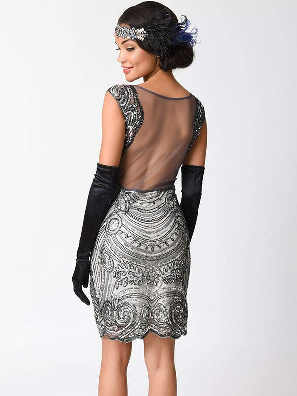 Sheer Back Embellished Sequin Shift Dress