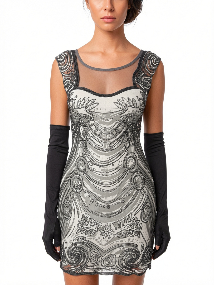 Sheer Back Embellished Sequin Shift Dress