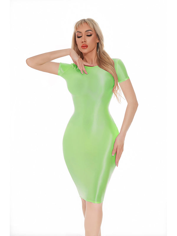 Women Short Sleeve Vinyl Midi Dress