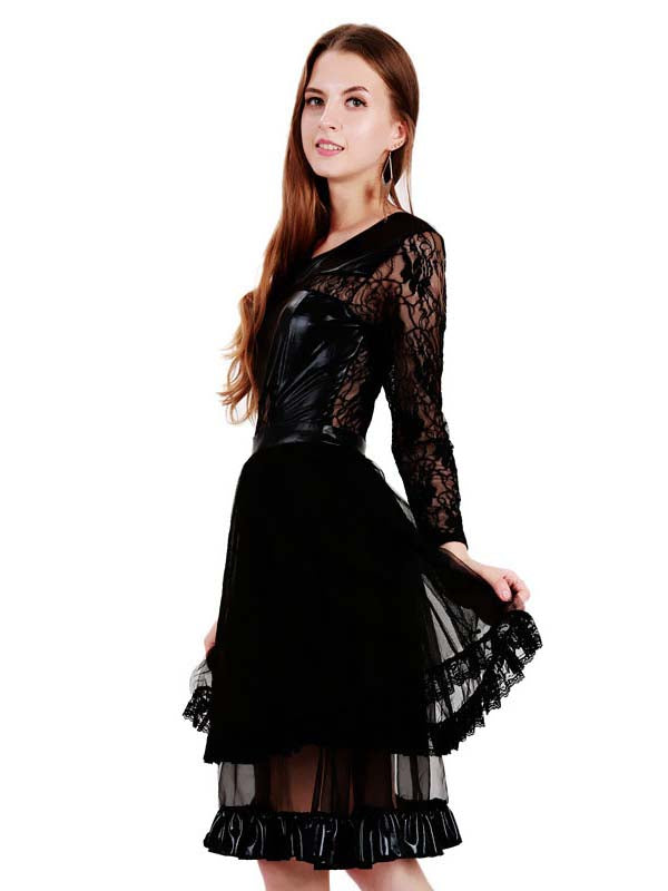 Black Lace Wet Look Party Dress