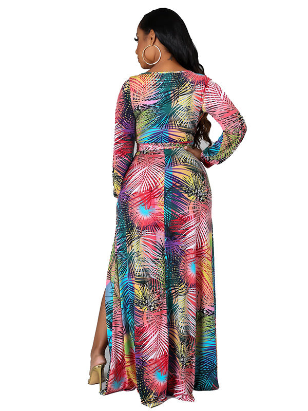 Tropical Print V Neck Long Sleeve Slit Dress