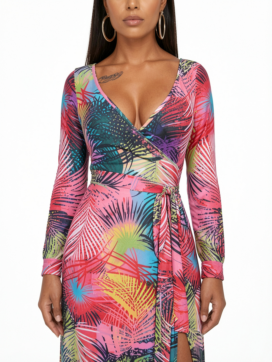 Tropical Print V Neck Long Sleeve Slit Dress