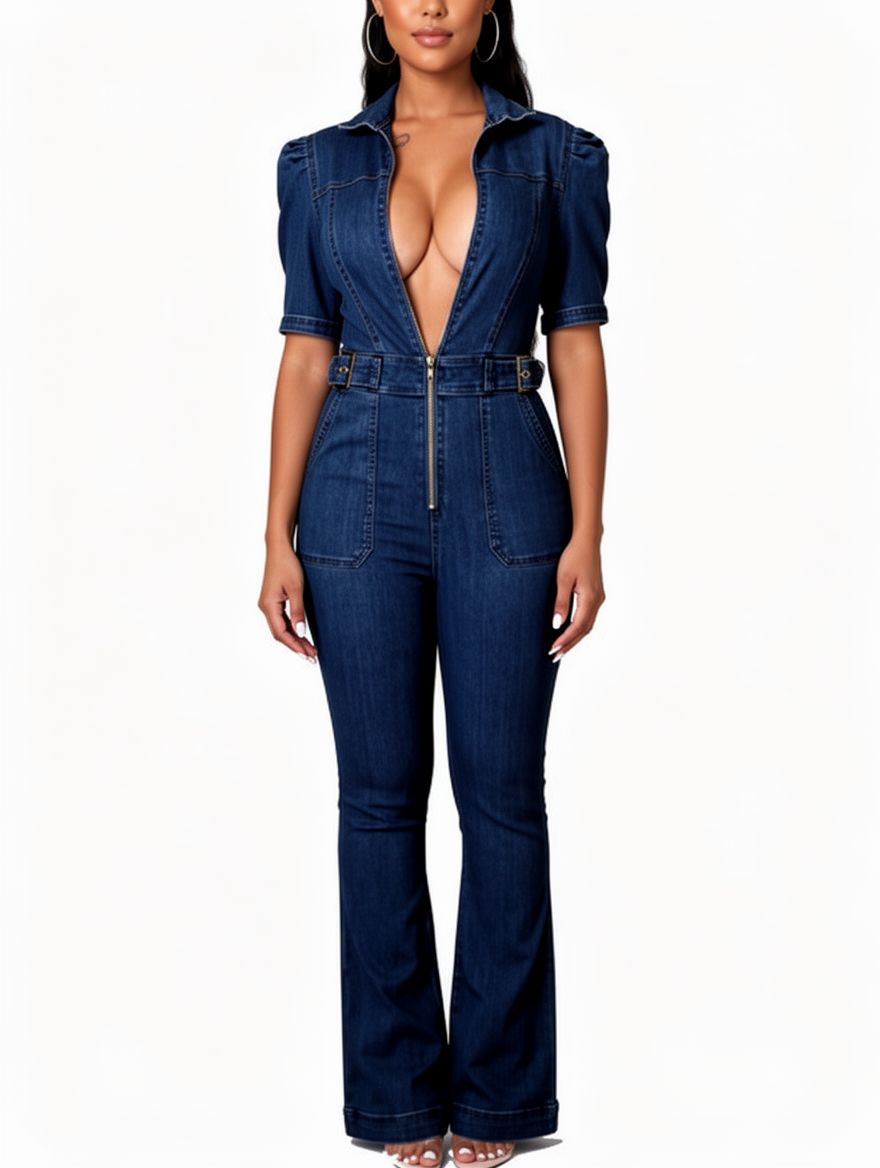 Women Jeans Short Sleeve Jumpsuit