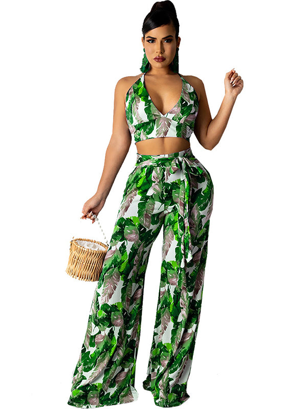 Women Sexy Halter Crop Top and Wide Leg Pants Set