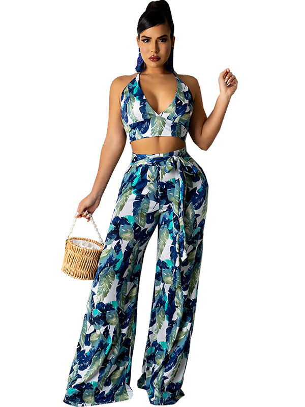 Women Sexy Halter Crop Top and Wide Leg Pants Set