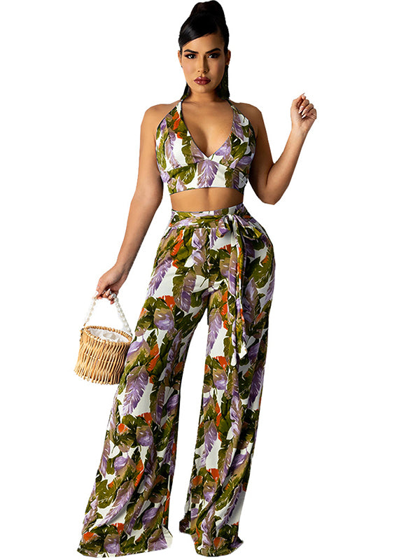 Women Sexy Halter Crop Top and Wide Leg Pants Set