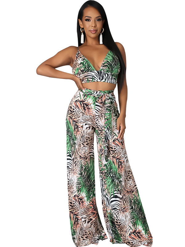 Women Sexy Strappy V-Neck Crop Top and Wide Leg Pants Set