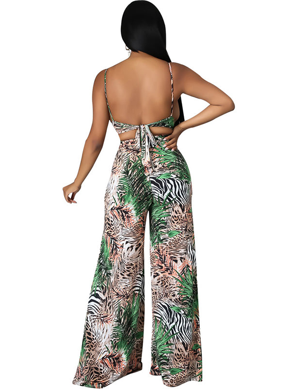 Women Sexy Strappy V-Neck Crop Top and Wide Leg Pants Set