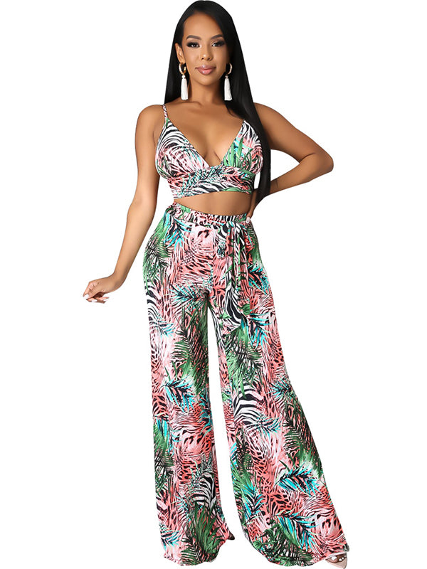 Women Sexy Strappy V-Neck Crop Top and Wide Leg Pants Set