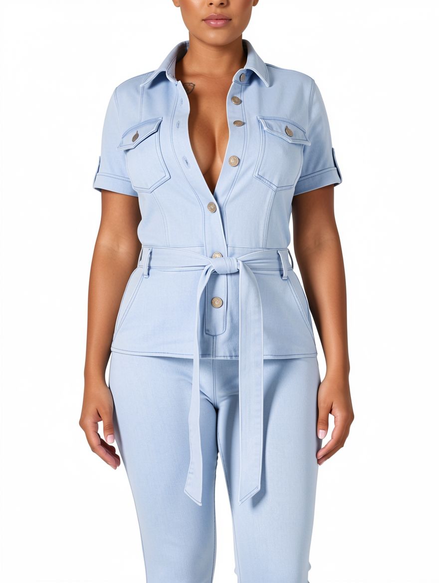 Women Short Sleeve Jeans Jumpsuit