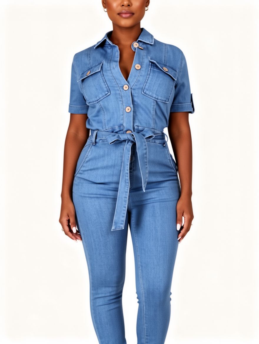 Women Short Sleeve Jeans Jumpsuit