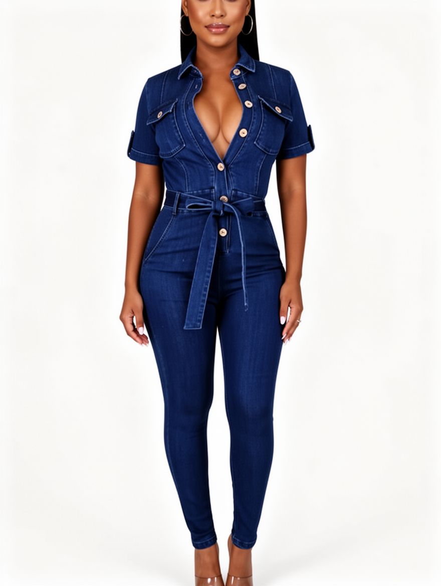 Women Short Sleeve Jeans Jumpsuit