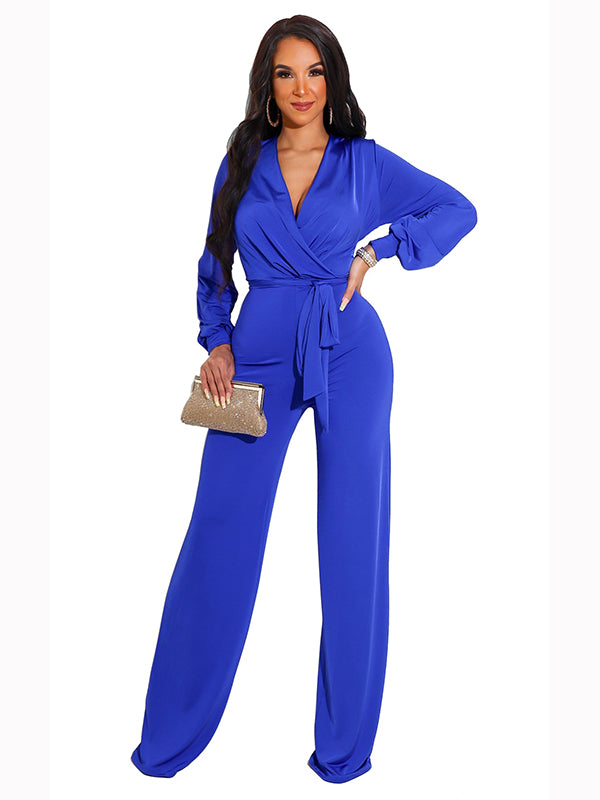 Women Deep V Neck Long Sleeve Jumpsuit