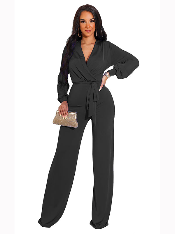 Women Deep V Neck Long Sleeve Jumpsuit