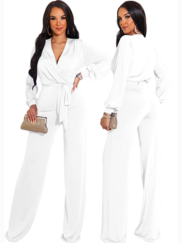 Women Deep V Neck Long Sleeve Jumpsuit