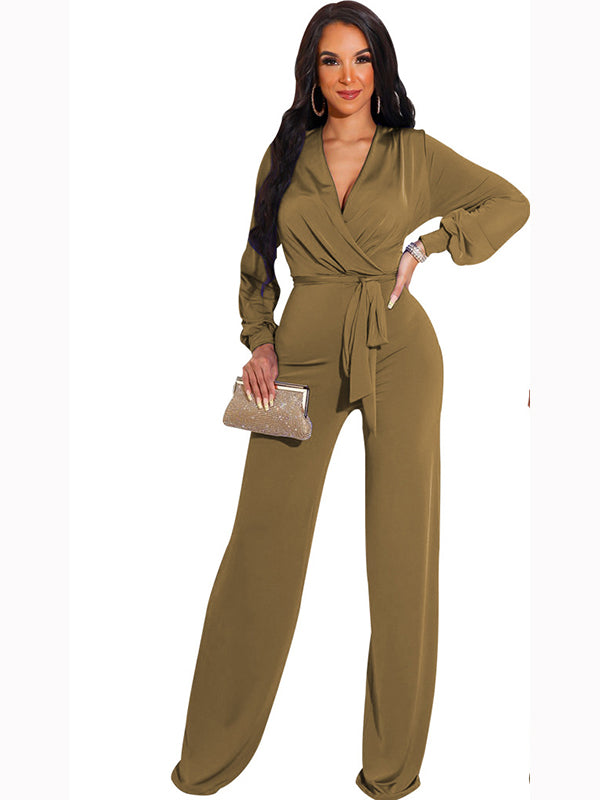 Women Deep V Neck Long Sleeve Jumpsuit