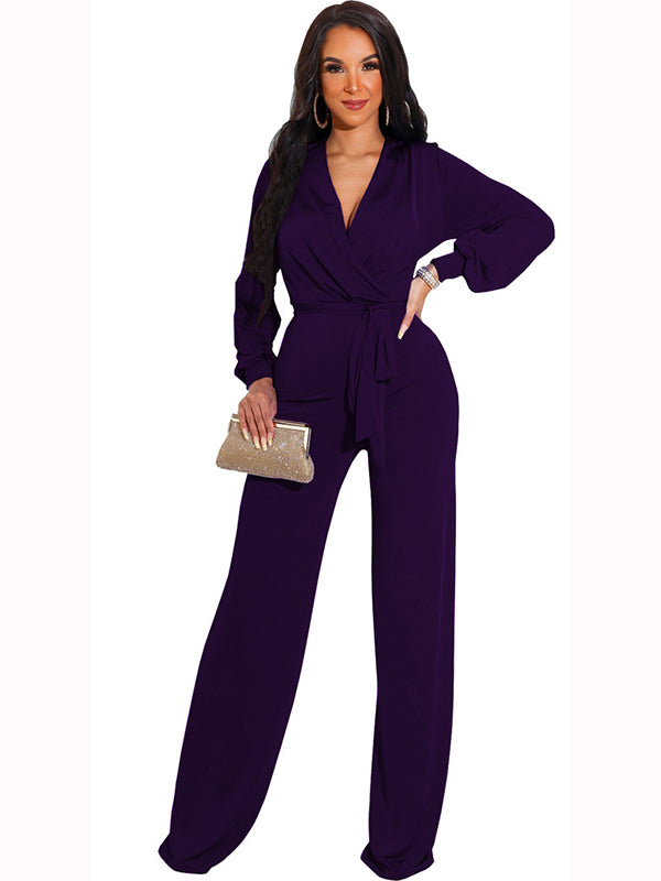 Women Deep V Neck Long Sleeve Jumpsuit