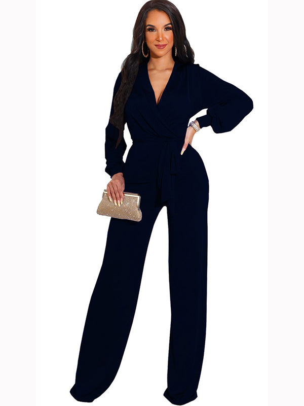 Women Deep V Neck Long Sleeve Jumpsuit