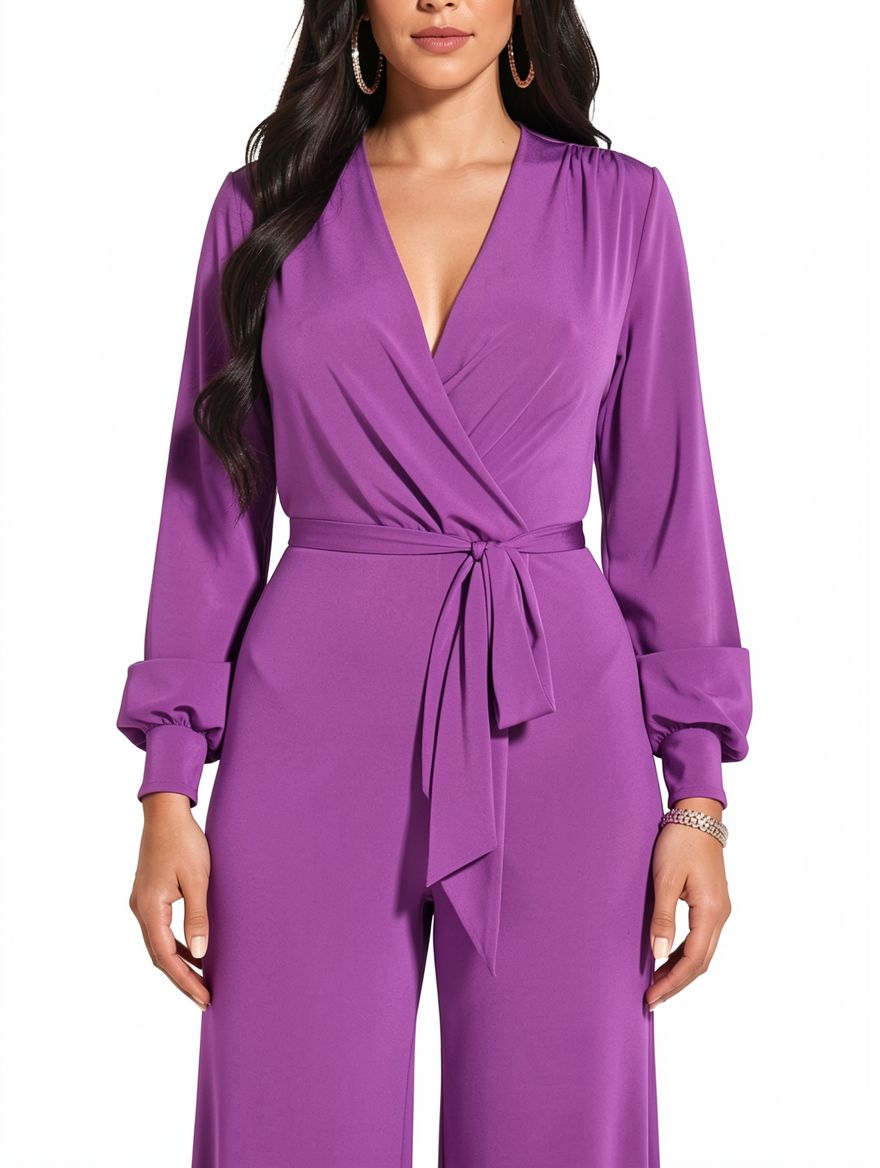 Women Deep V Neck Long Sleeve Jumpsuit