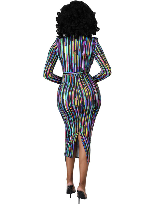 Iridescent Stripe Long Sleeve Wrap Midi Dress