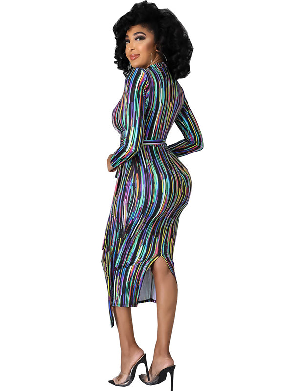 Iridescent Stripe Long Sleeve Wrap Midi Dress