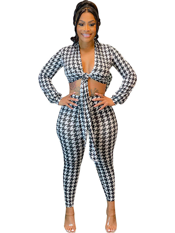 Women Long Sleeve Houndstooth Tie Front Crop Top and Pants Set