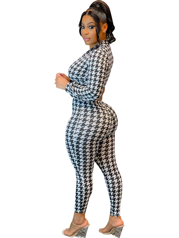 Women Long Sleeve Houndstooth Tie Front Crop Top and Pants Set