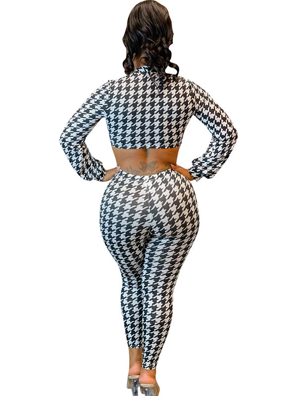 Women Long Sleeve Houndstooth Tie Front Crop Top and Pants Set