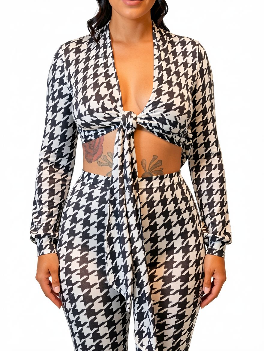 Women Long Sleeve Houndstooth Tie Front Crop Top and Pants Set