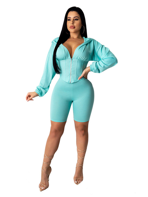 Women Zipper Long Sleeve Romper