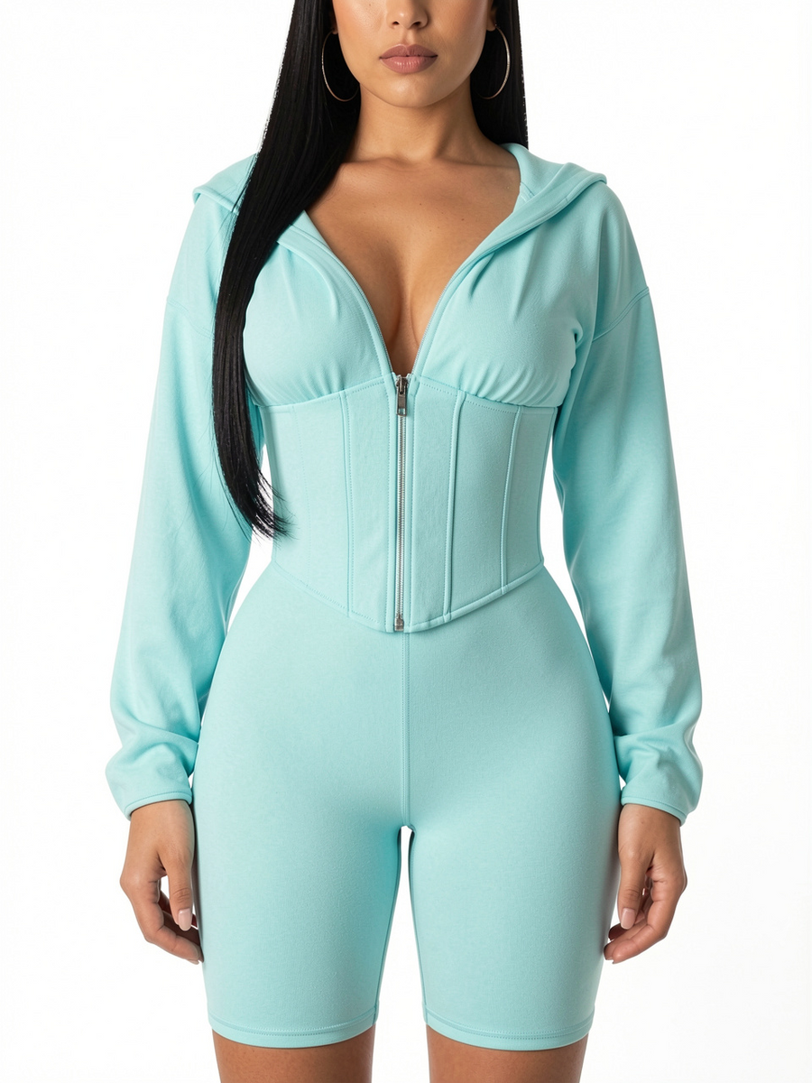 Women Zipper Long Sleeve Romper