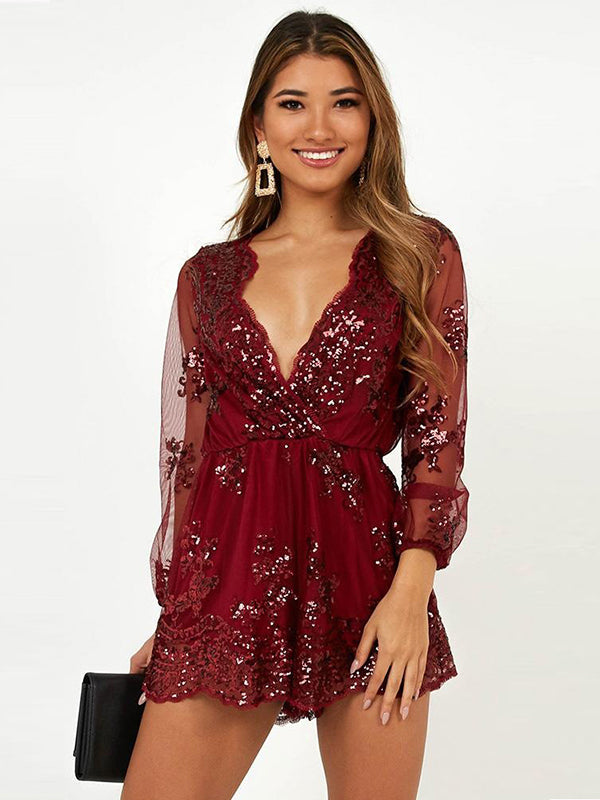 Women Long Sleeve Lace Romper