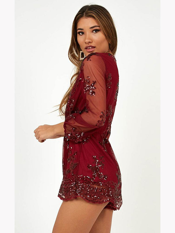 Women Long Sleeve Lace Romper