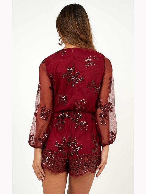 Women Long Sleeve Lace Romper