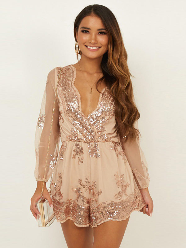 Women Long Sleeve Lace Romper