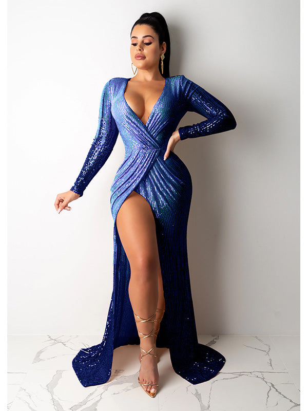 Women Deep V Neck Long Sleeve Evening Dress