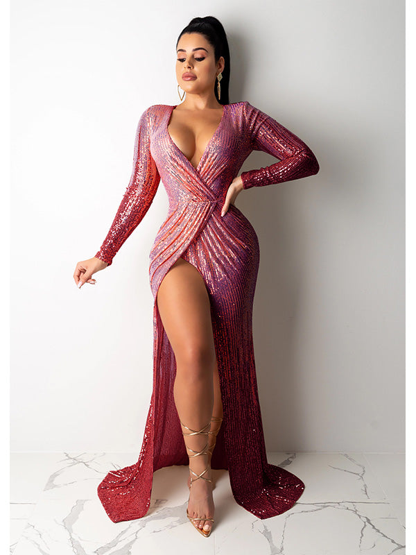 Women Deep V Neck Long Sleeve Evening Dress
