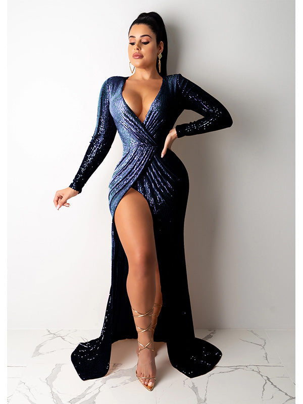 Women Deep V Neck Long Sleeve Evening Dress