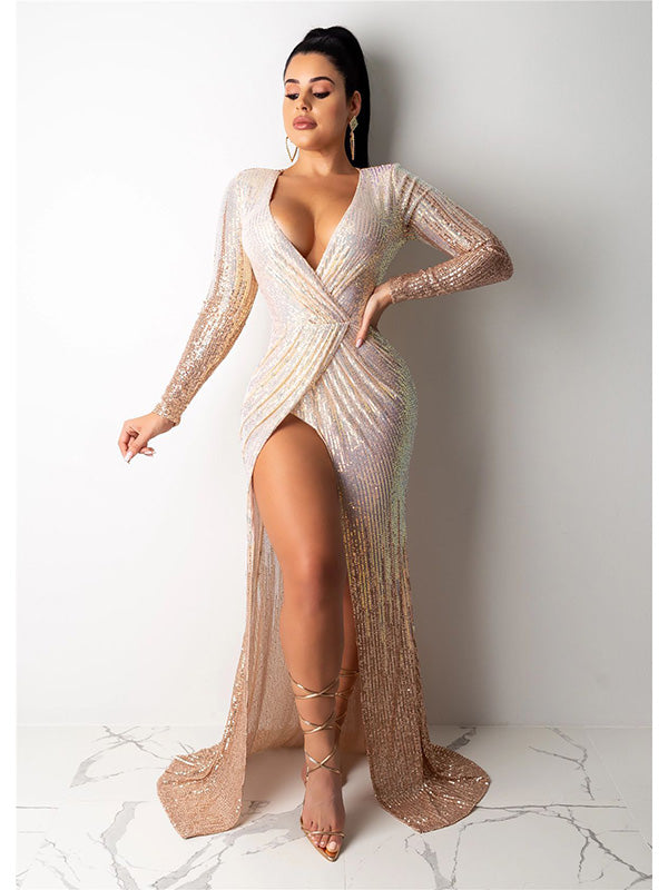 Women Deep V Neck Long Sleeve Evening Dress