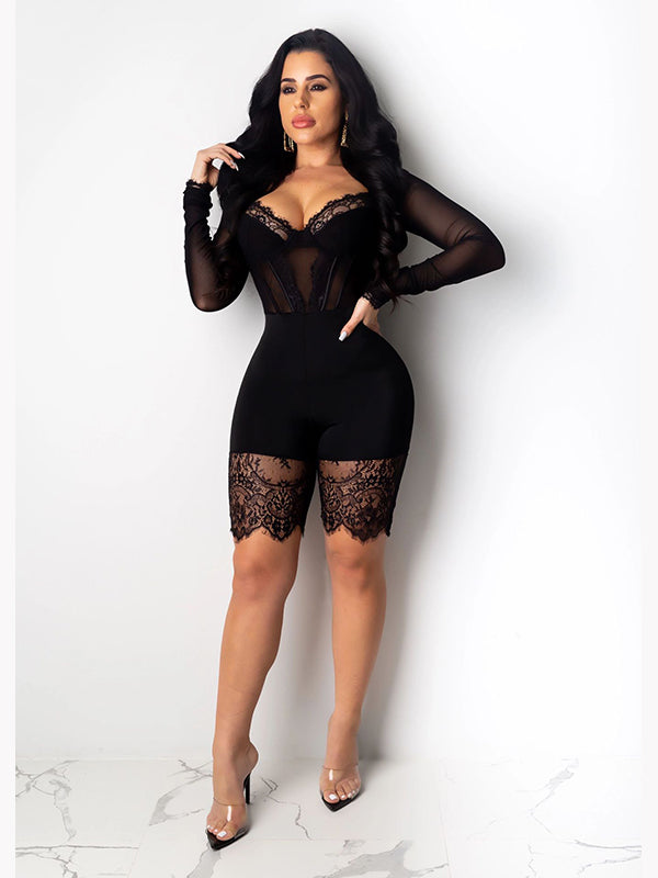 Women Long Sleeve Lace Romper