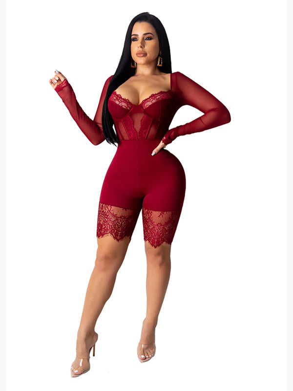 Women Long Sleeve Lace Romper