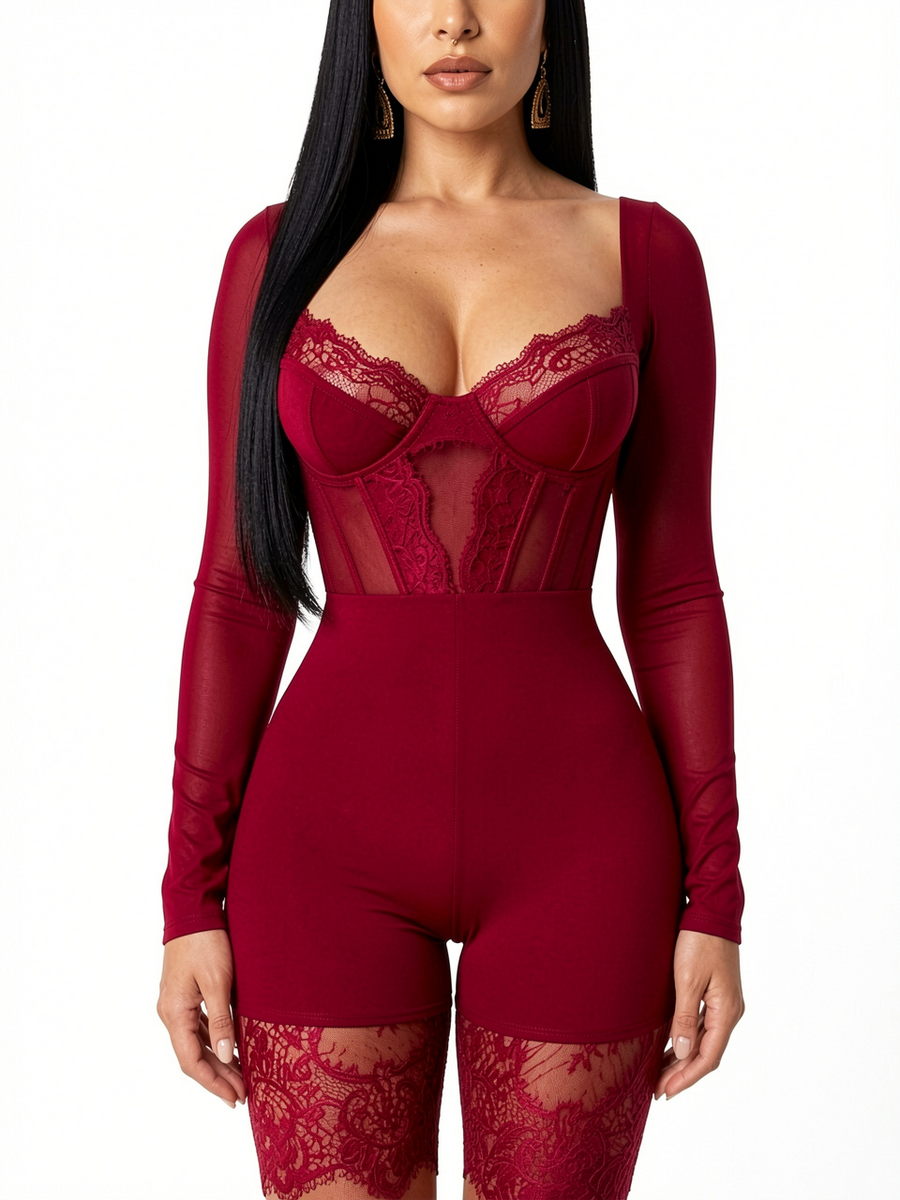 Women Long Sleeve Lace Romper