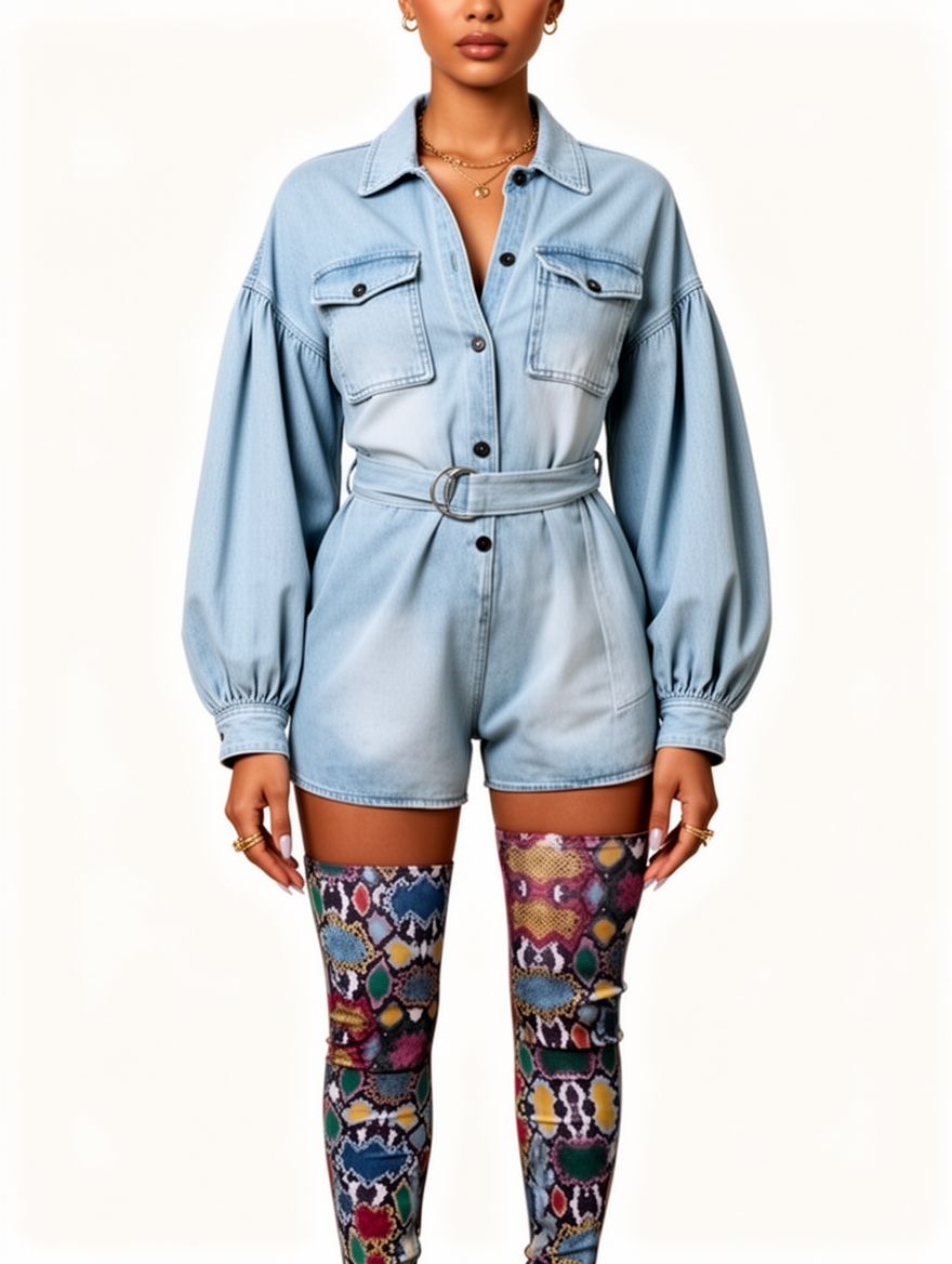 Women Long Sleeve Jeans Romper