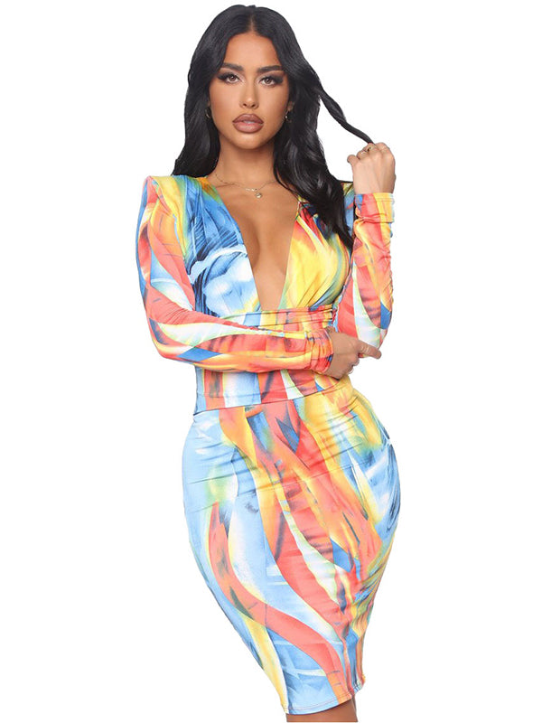 Deep V Neck Swirl Print Long Sleeve Midi Dress