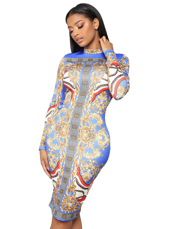 Baroque Print Long Sleeve Midi Dress
